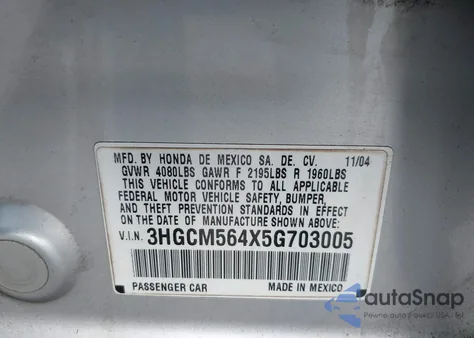 2005 Honda Accord 2.4 Lx from USA, damaged, VIN 3HGCM564X5G703005
